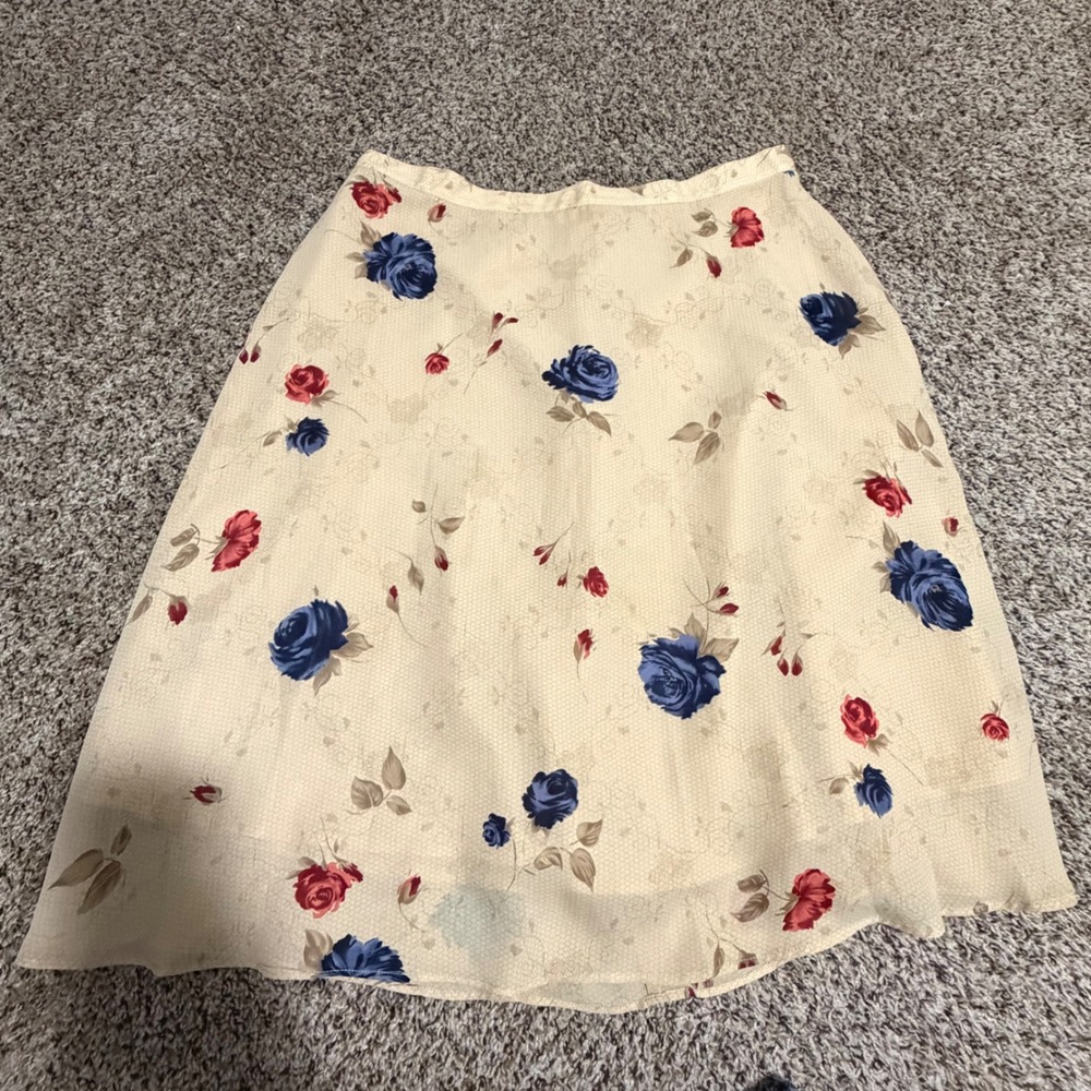 Mary McFadden Collection Vintage Floral Rose Midi Skirt Cream Blue Red Size 18